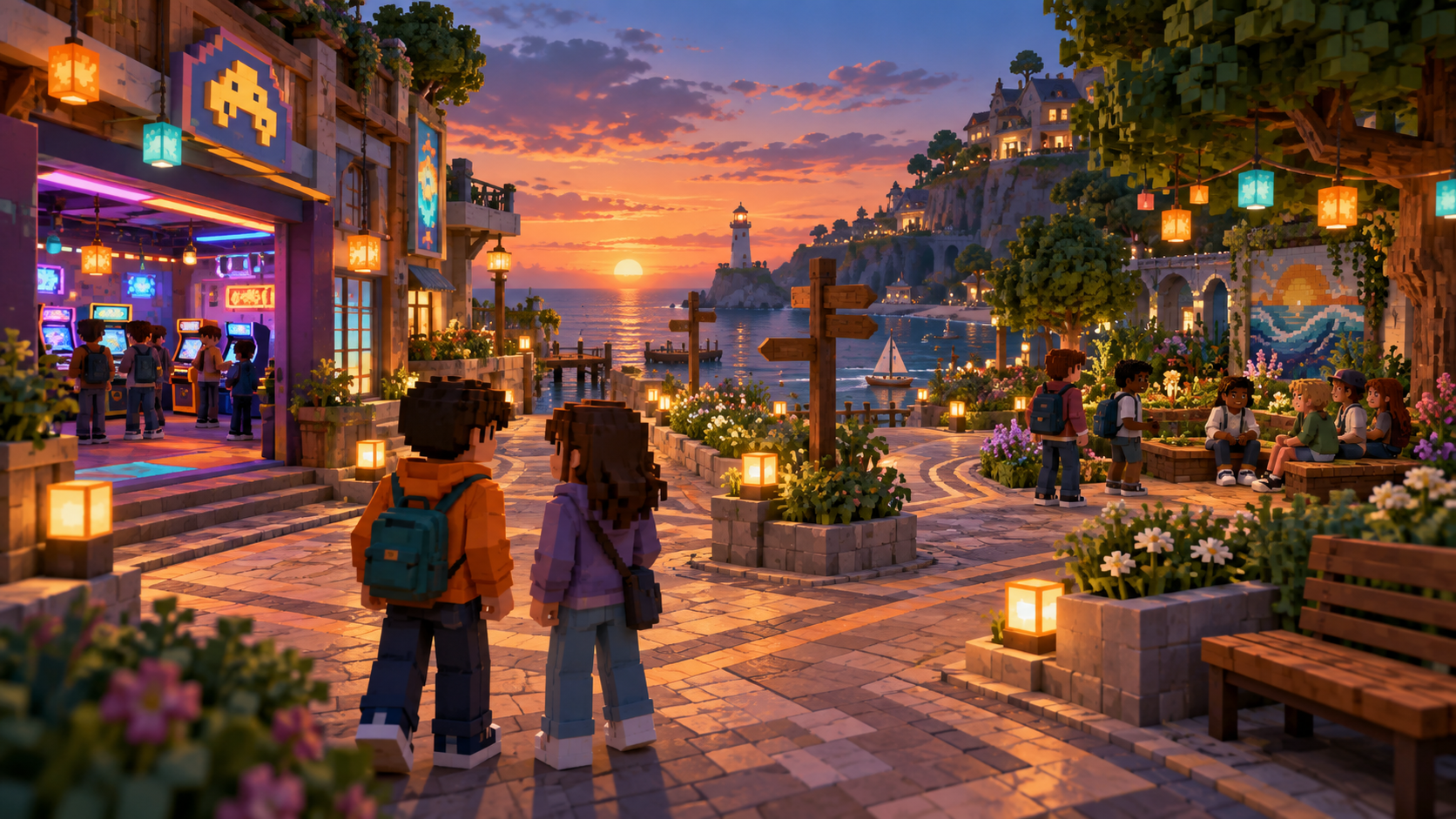Two characters pause at a block-built town plaza with an arcade and a welcoming community courtyard.