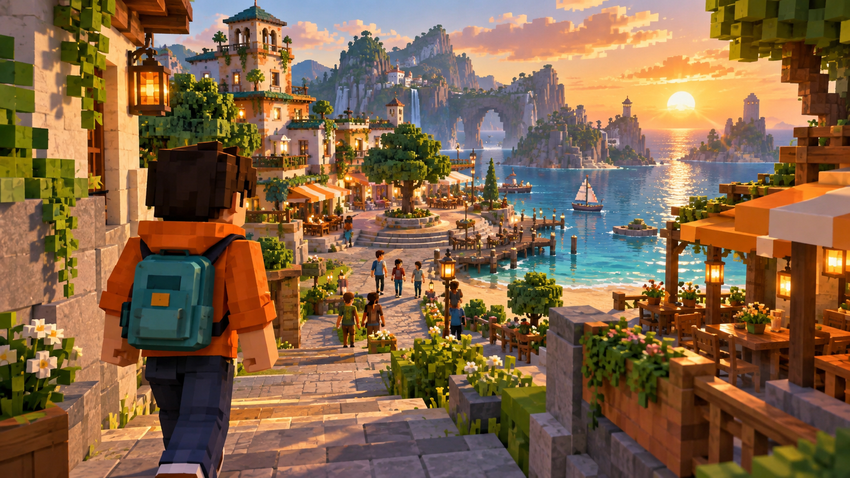 A character in an orange hoodie explores a sunlit, block-built coastal town.